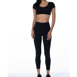 Alo Yoga set in black and grey. Blissful Henley bra top and 7/8 leggings, ribbed